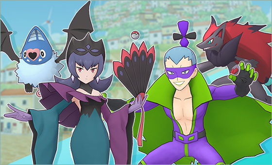 Brycen-Man and Bellelba, with their Sync Partners Zoroark and Swoobat